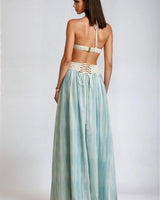 Elegant Bluenatural crochet maxi dress on model styled for evening event