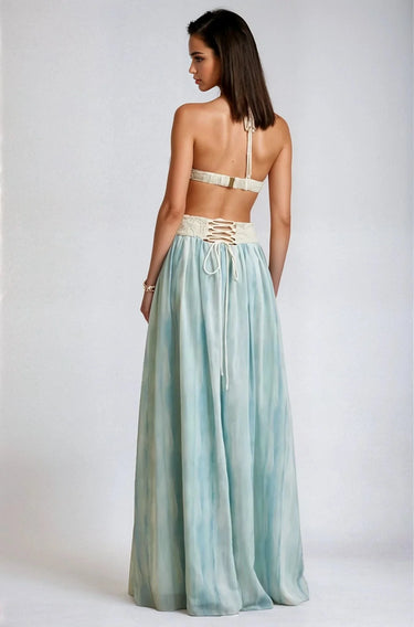 Elegant Bluenatural crochet maxi dress on model styled for evening event