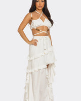 Island Muse Ruffle Two - Piece Set Maxi Dress ivory close up detail of ruffle design and fabric