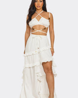 Island Muse Ruffle Two - Piece Set Maxi Dress ivory side view highlighting floor-length hemline