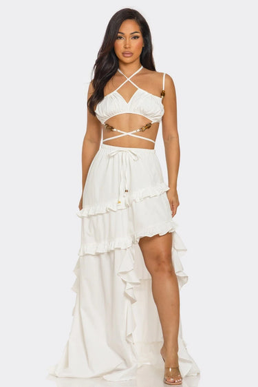 Island Muse Ruffle Two - Piece Set Maxi Dress ivory side view highlighting floor-length hemline