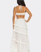 Elegant Piece Set ruffle maxi dress on model styled for evening event