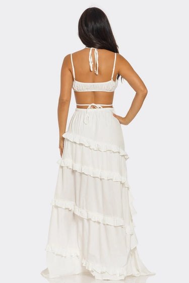 Elegant Piece Set ruffle maxi dress on model styled for evening event