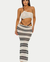 Elegant White/Black crochet two piece skirt set styled for going out