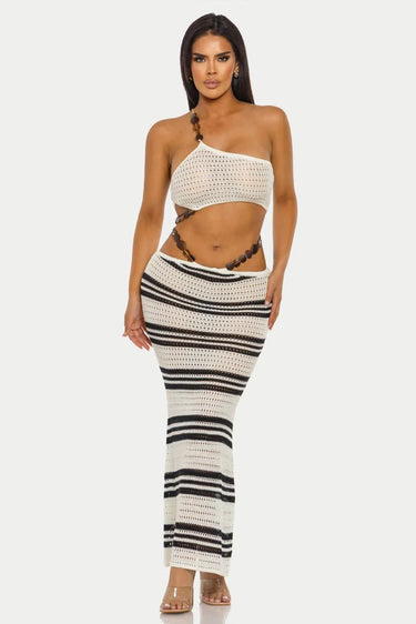 Elegant White/Black crochet two piece skirt set styled for going out