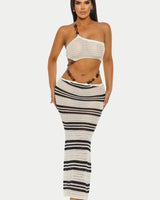 Island Rhythm Crochet 2-Piece Set Skirt Set - white/Black close up of crochet top design and fabric