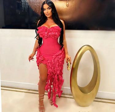 Elegant Pink elegant midi dress on model styled for evening