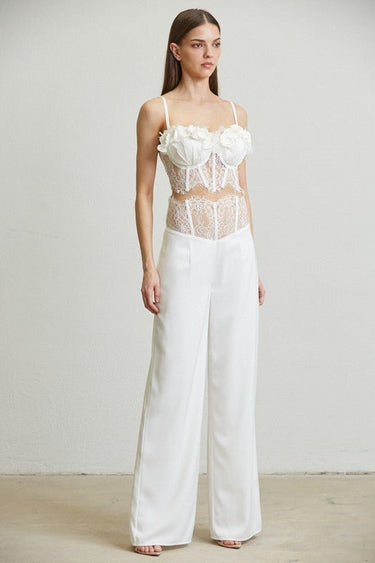 Adjustable strap lace top with matching white satin trousers