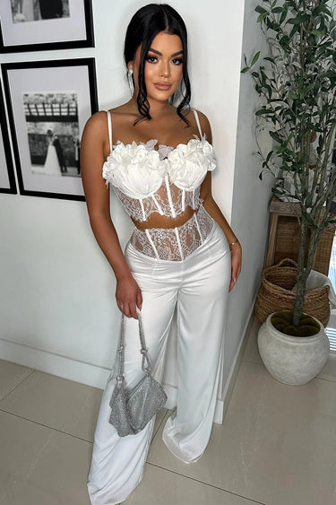 Ivory Rose Trim White Pant Set front view showing complete two piece pant set