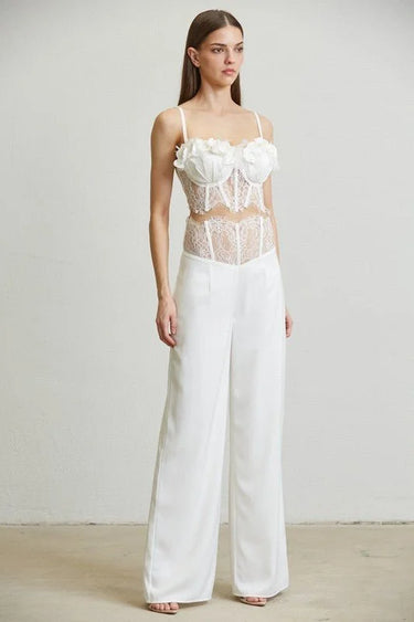 Ivory Rose Trim White Pant Set side view showing pants silhouette and fit