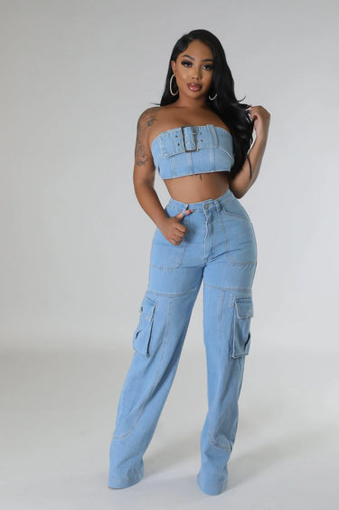 Women's Waist Jeans pant set tube top style back view