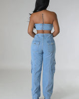 Jances Denim Pant Set with Tube Top and High-Waist Jeans showing coordinated top and pants construction