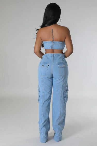 Jances Denim Pant Set with Tube Top and High-Waist Jeans showing coordinated top and pants construction