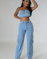 Jances Denim Pant Set with Tube Top and High-Waist Jeans side view showing pants silhouette and fit