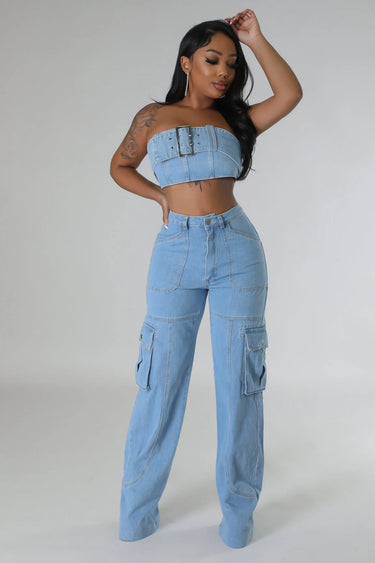 Jances Denim Pant Set with Tube Top and High-Waist Jeans side view showing pants silhouette and fit