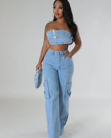 Jances Denim Pant Set with Tube Top and High-Waist Jeans close up of tube top top design and fabric detail