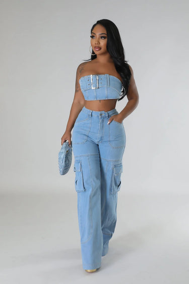 Jances Denim Pant Set with Tube Top and High-Waist Jeans close up of tube top top design and fabric detail