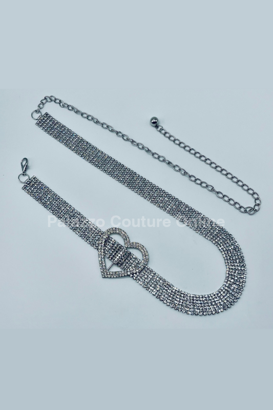 Jazmin Heart Rhinestone Chain Belt (Silver) One Size / Silver