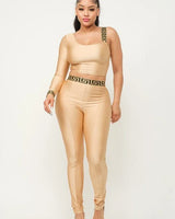 Jeressa Mocha Legging Set with One Sleeve Crop Top front view showing complete two piece pant set