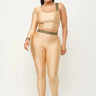 Jeressa Mocha Legging Set with One Sleeve Crop Top front view showing complete two piece pant set