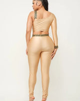 Jeressa Mocha Legging Set with One Sleeve Crop Top side view showing pants silhouette and fit