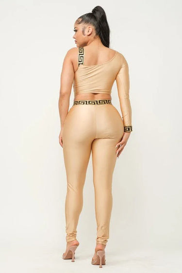 Jeressa Mocha Legging Set with One Sleeve Crop Top side view showing pants silhouette and fit
