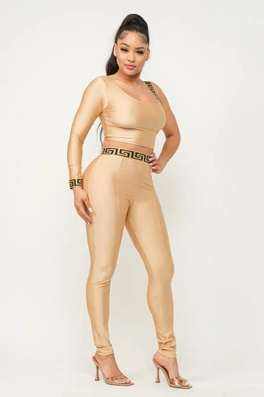 Jeressa Mocha Legging Set with One Sleeve Crop Top close up of crop top top design and fabric detail