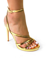 Jordie Gold Strappy Heels with Patent Finish & Ankle Strap - trendy women's heels for every occasion