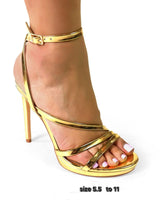 Jordie Gold Strappy Heels with Patent Finish & Ankle Strap for women - stylish heels by Palazzo Couture