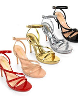 Jordie Nude Strappy Heels with Patent Finish & Ankle Strap - women's statement party shoes