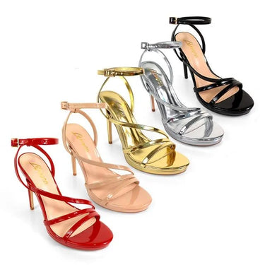 Jordie Nude Strappy Heels with Patent Finish & Ankle Strap - women's statement party shoes
