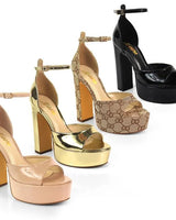 Josy-13 Black Platform Heels with Ankle Strap and Block Heel - women's fashion sandals