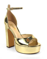 Josy-13 Gold Platform Heels with Ankle Strap and Block Heel - women's fashion sandals
