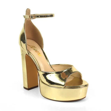 Josy-13 Gold Platform Heels with Ankle Strap and Block Heel - women's fashion sandals