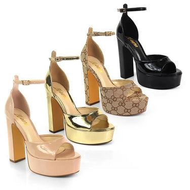 Josy-13 Nude Platform Heels with Ankle Strap and Block Heel - trendy women's footwear