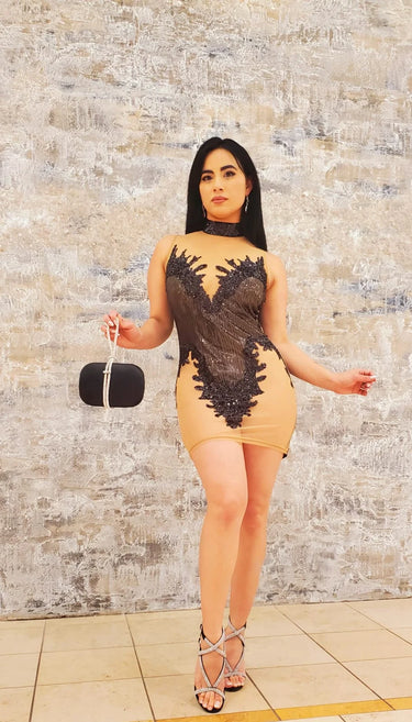 kahlua Coctel Mini Dress (Black) close up detail of elegant design