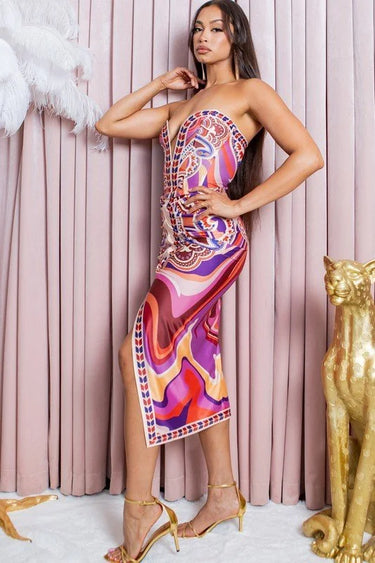Kalinda Bustier Top & Skirt set (Red) side view showing skirt silhouette and fit
