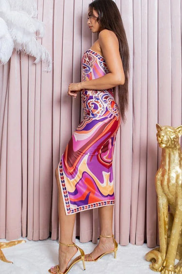Kalinda Bustier Top & Skirt set (Red) close up of matching top design and fabric