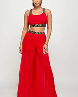 Kalira Red Palazzo Set with Banded Tank Top front view showing complete two piece pant set