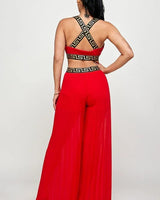 Kalira Red Palazzo Set with Banded Tank Top side view showing pants silhouette and fit