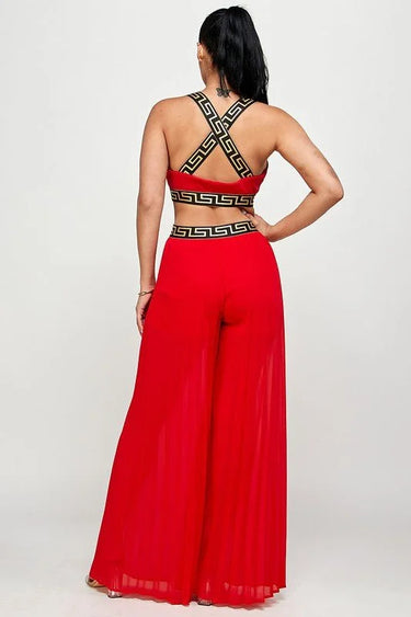 Kalira Red Palazzo Set with Banded Tank Top side view showing pants silhouette and fit