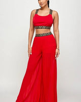 Kalira Red Palazzo Set with Banded Tank Top close up of palazzo top design and fabric detail