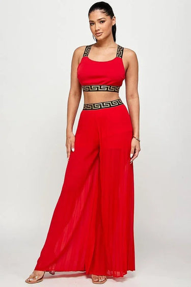 Kalira Red Palazzo Set with Banded Tank Top close up of palazzo top design and fabric detail