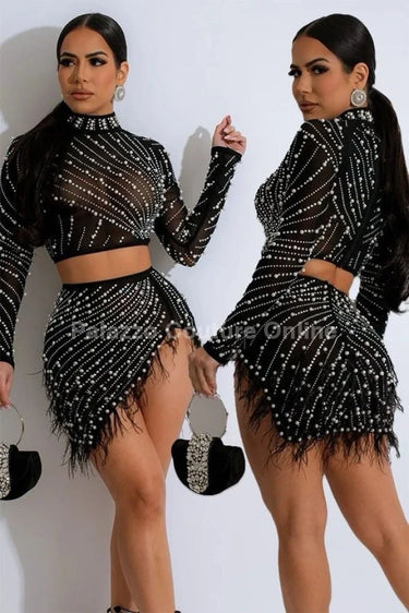 Karla Mesh Skirt Set with Pearls front view showing complete two piece skirt set