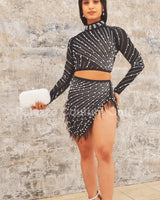 Karla Mesh Skirt Set with Pearls close up of mesh top design and fabric