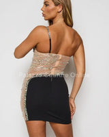 Karla Rhinestone/ Pearl Stud  Mini Dress (Black) close up detail of elegant design