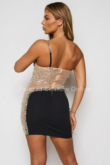 Karla Rhinestone/ Pearl Stud  Mini Dress (Black) close up detail of elegant design