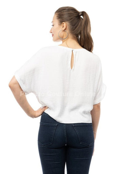 Karla Satin T-Shirt with Front Knot Detail Blouse (White) - Palazzo Couture Online