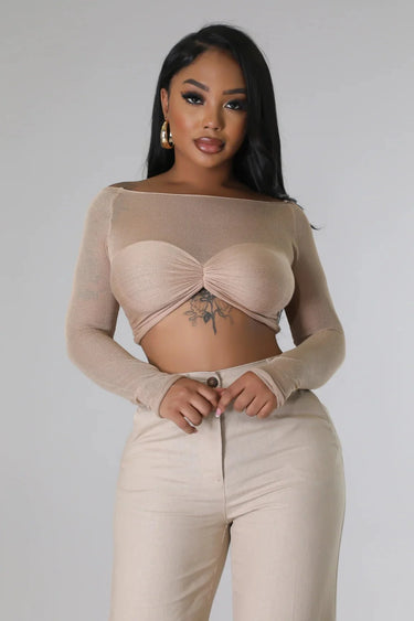 Khloie Taupe Crop Top with Sheer Long Sleeves - women's cropped top