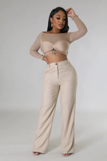 Khloie Taupe Crop Top with Sheer Long Sleeves - summer crop top for women